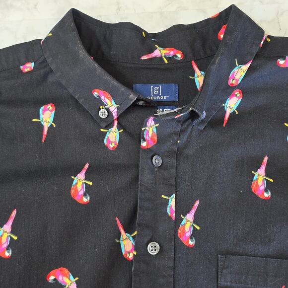 Mens Sz 2XL Classic Fit Black Parrot Print Button Down Islands George Shirt - Picture 6 of 12